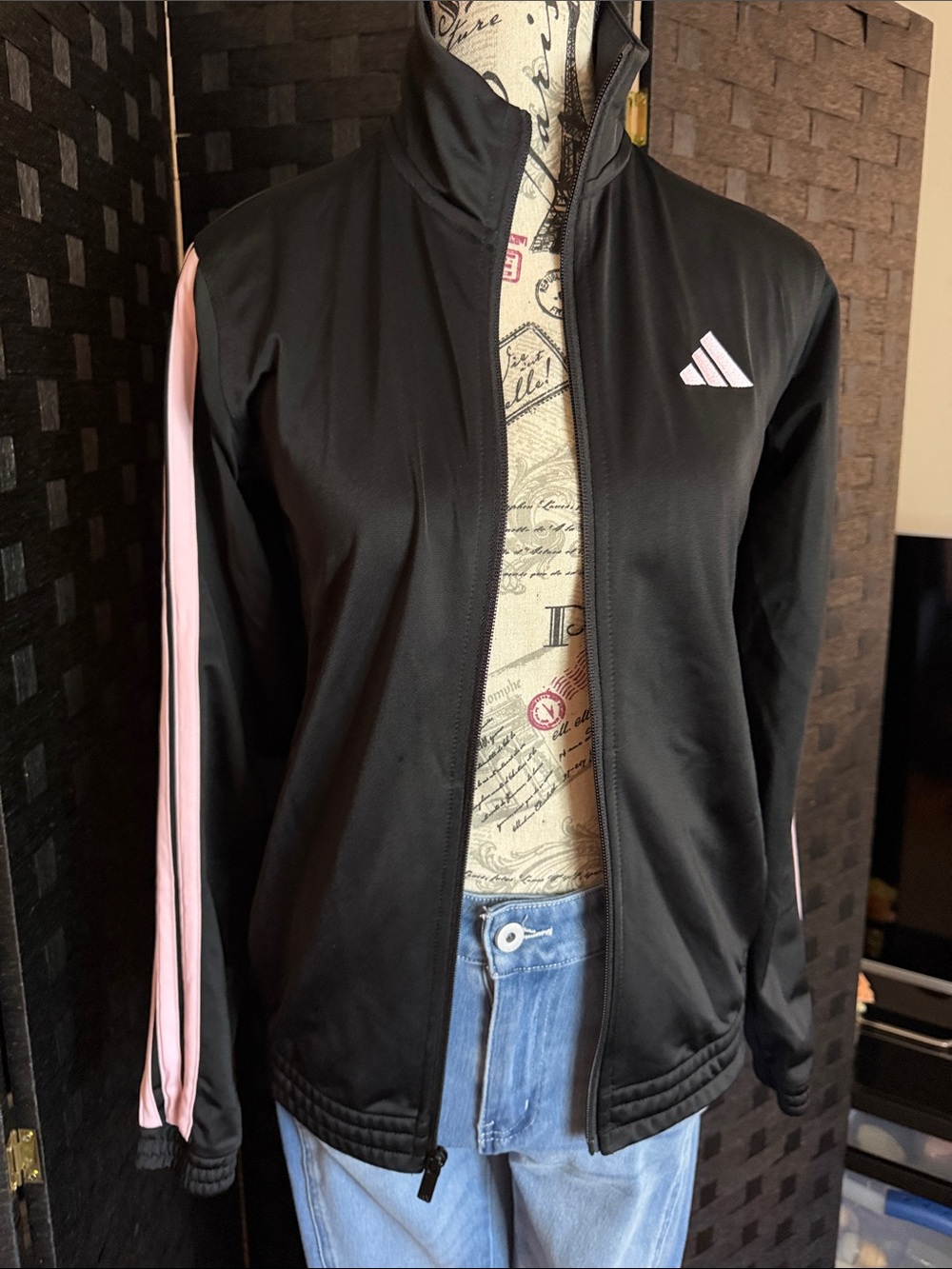 adidas Black Track Jacket with Pink Stripes